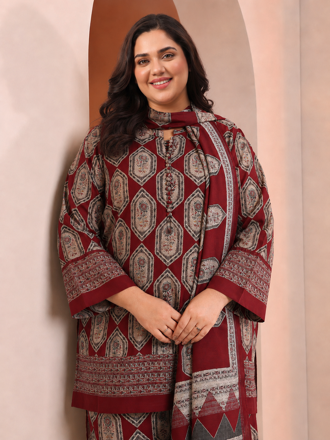  Plus Size Red Printed Silk Blend Straight Suit Set 