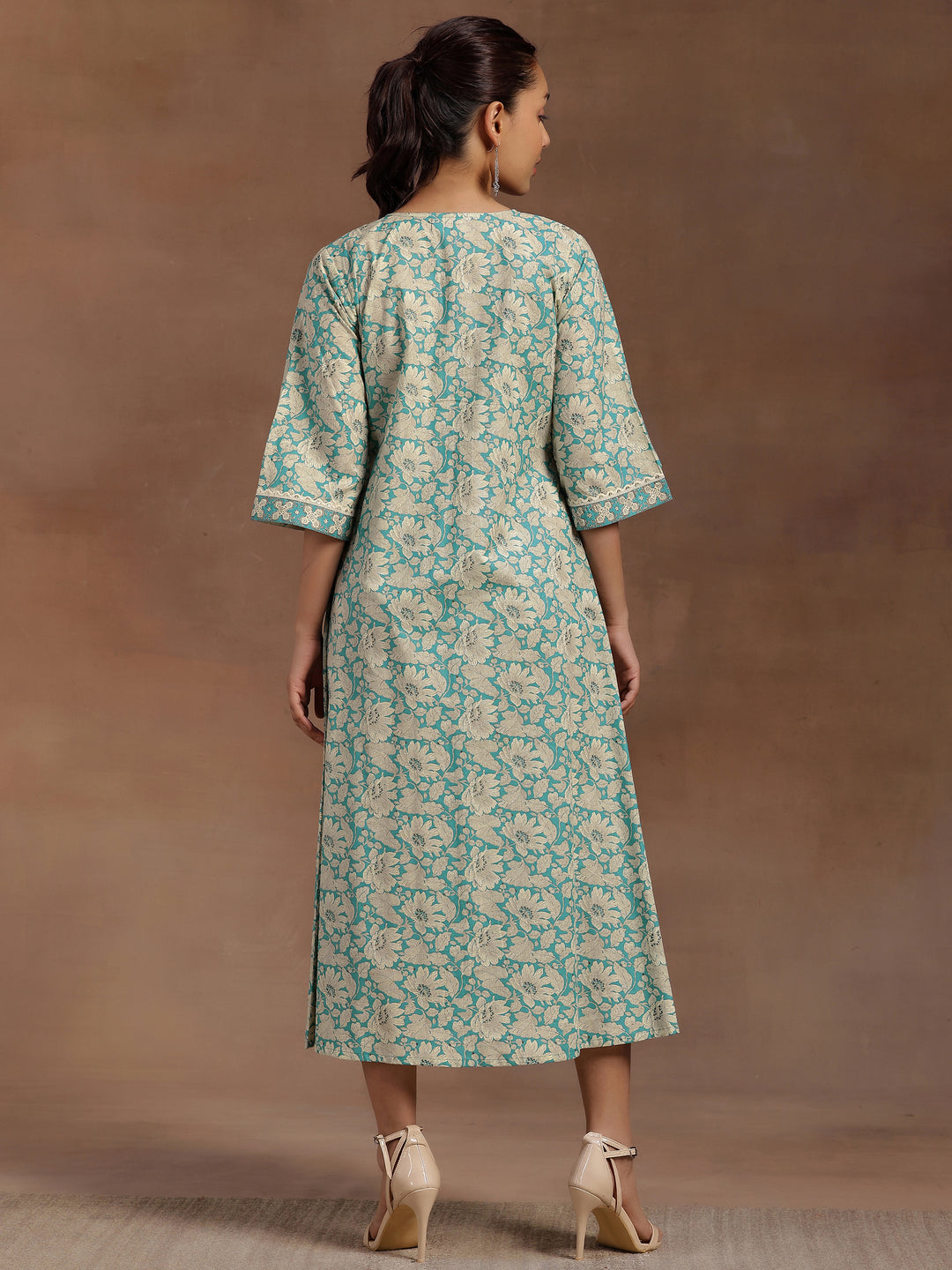  Blue Printed Cotton A-Line Dress 