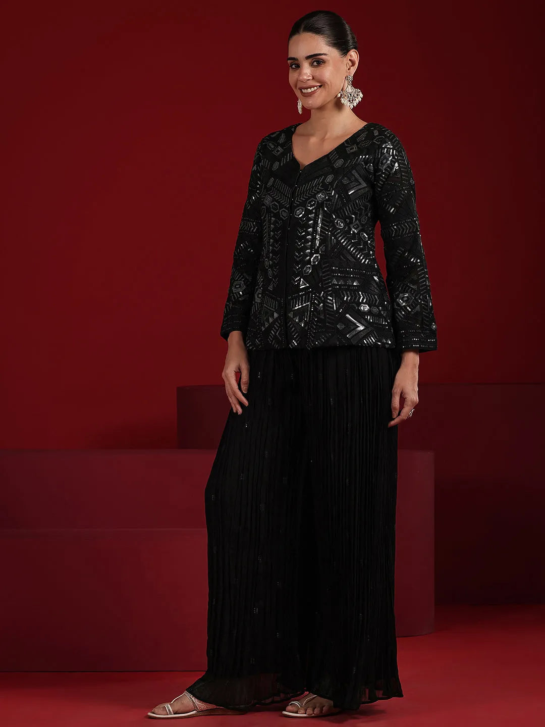Libas Art Black Embroidered Georgette A-Line Suit Set With Dupatta