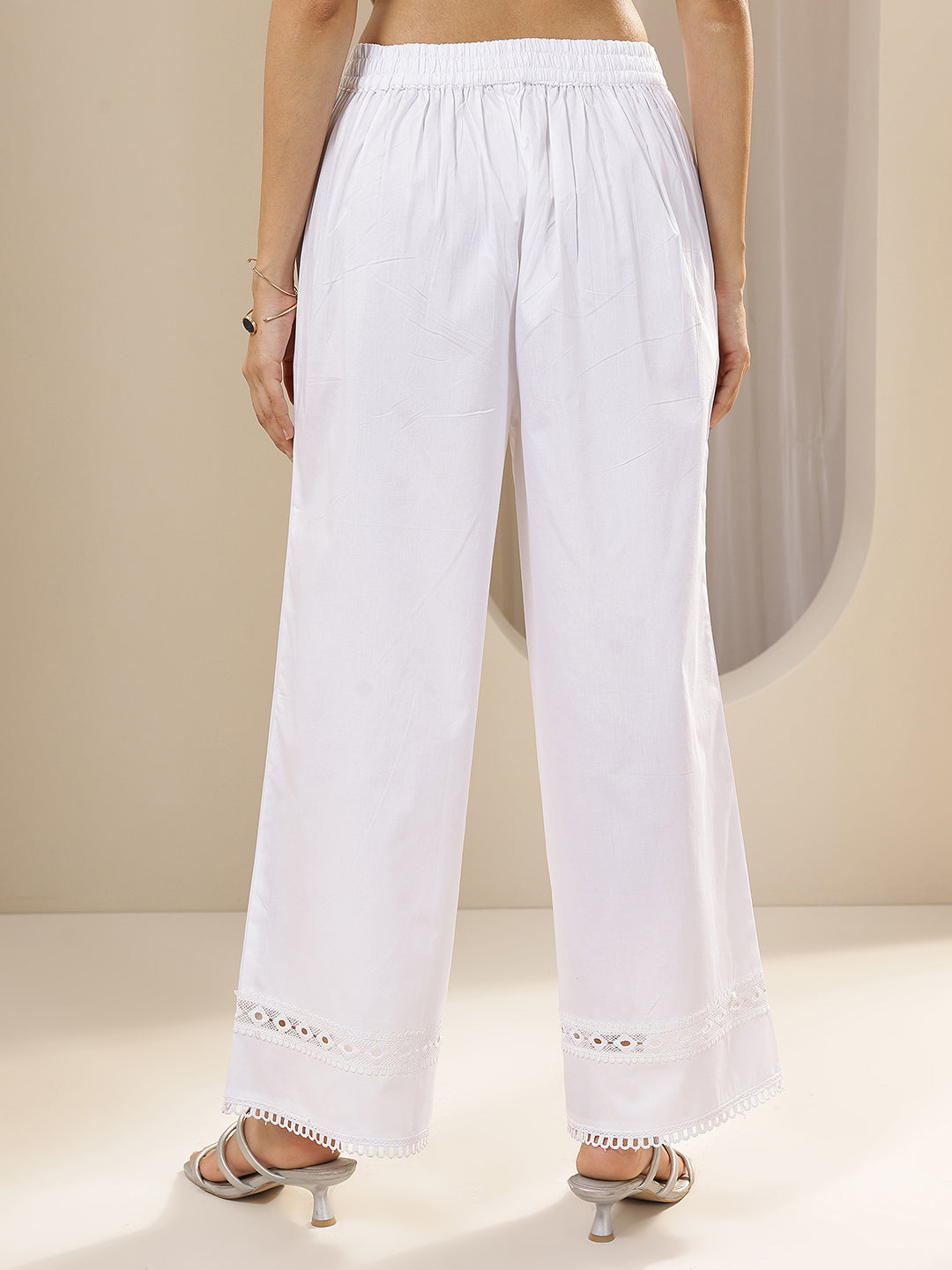  White Solid Cotton Palazzos 