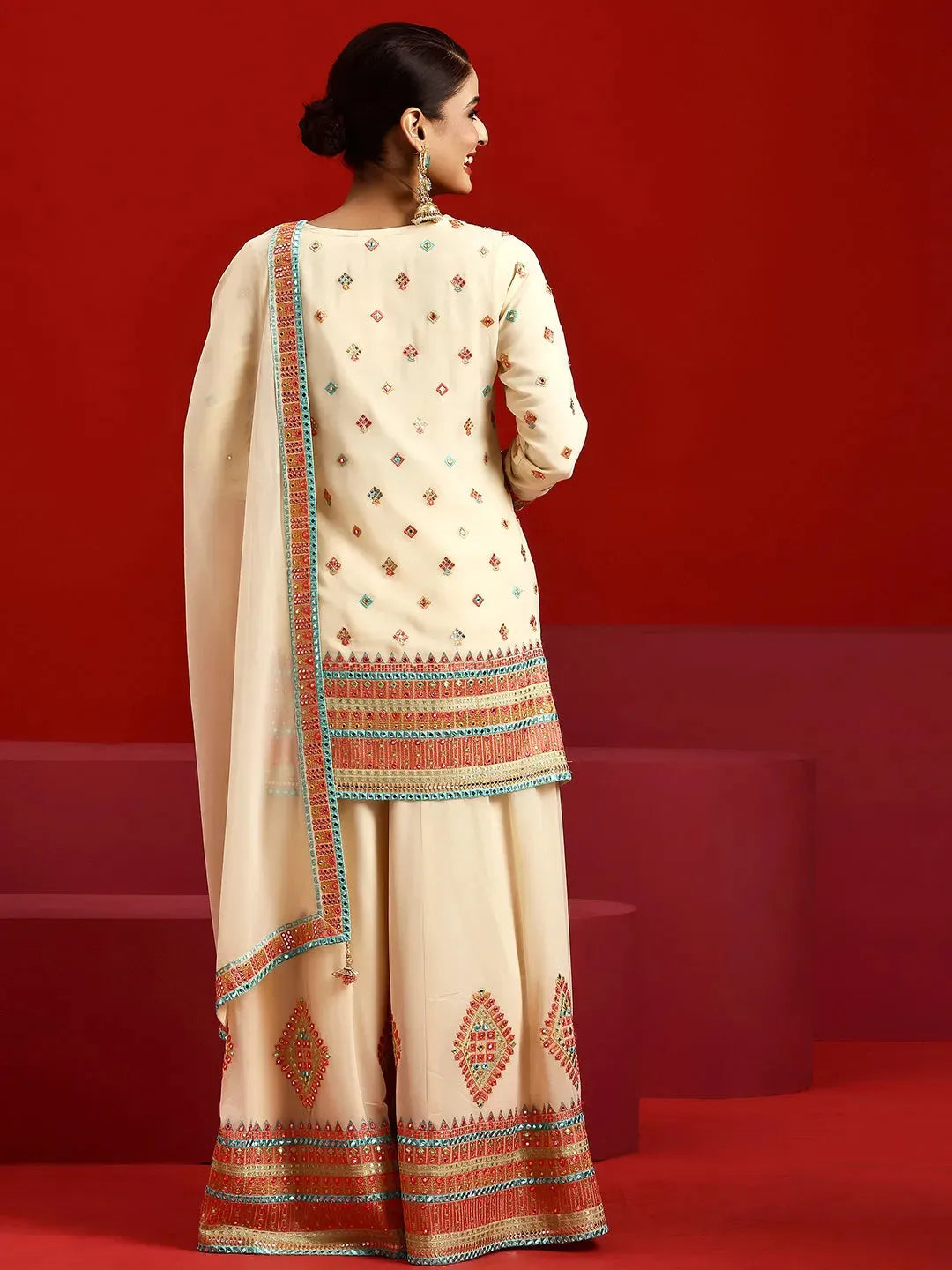  Libas Art Beige Embroidered Georgette Straight Suit With Dupatta 