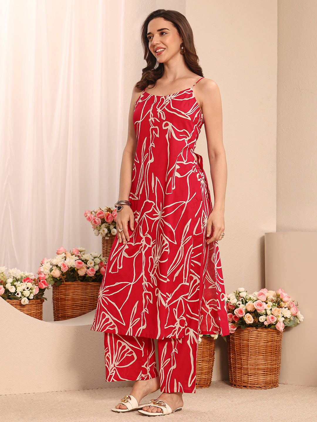 Pink Floral Embroidered Cotton Blend Straight Kurta Set 