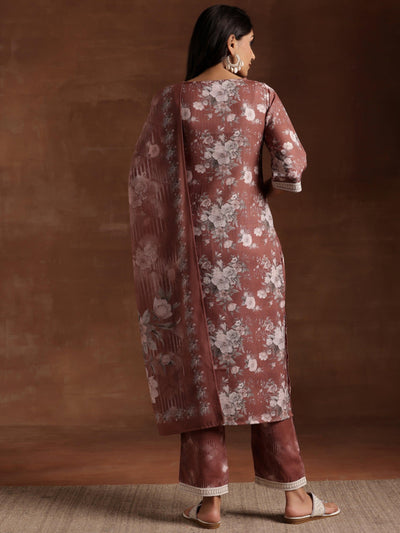 Brown Printed Cotton Straight Suit With Dupatta - Libas
