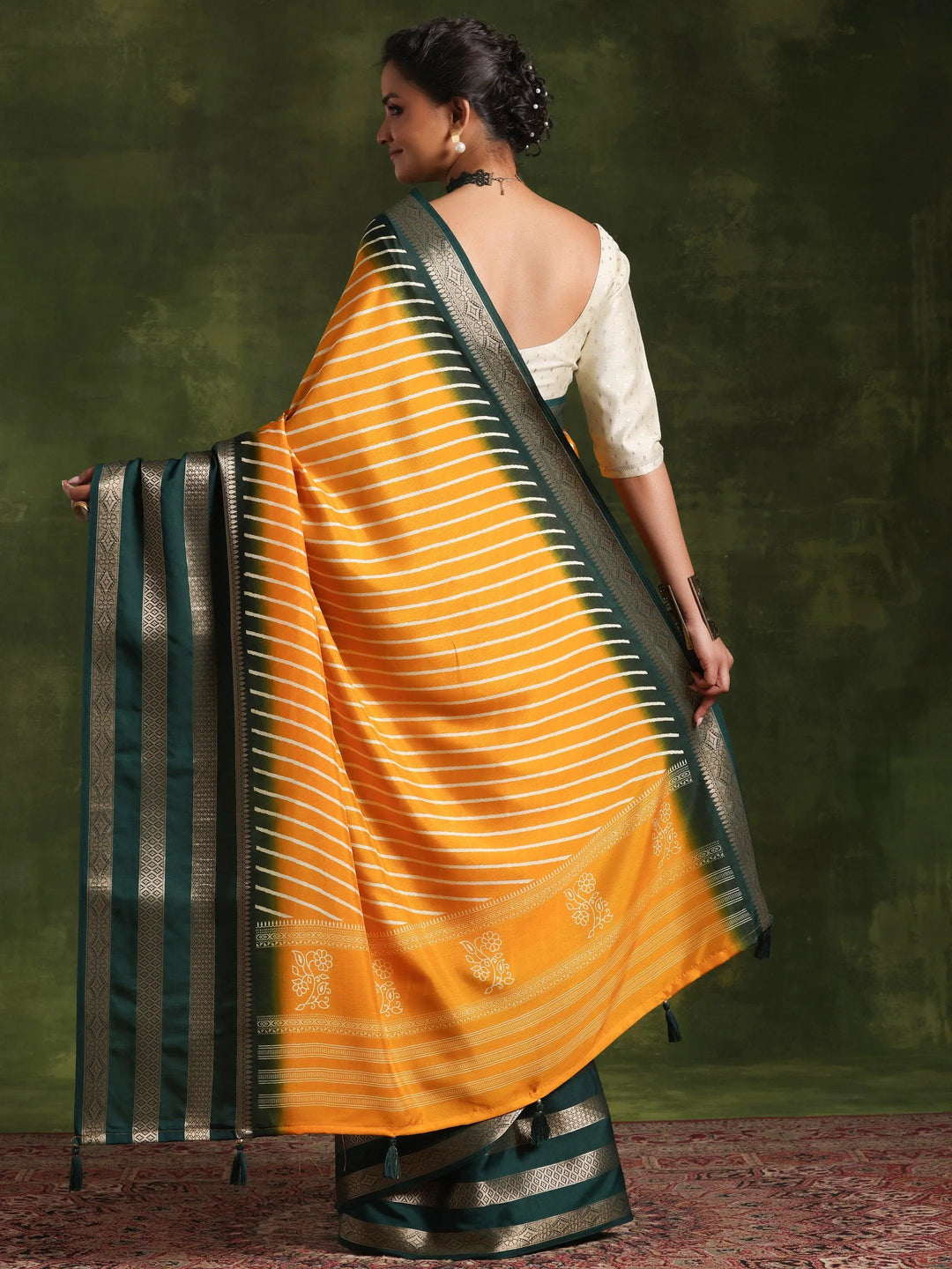 Mustard Printed Silk Blend Saree With Unstitched Blouse Piece - Libas 