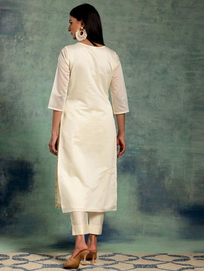 Off White Embroidered Chanderi Silk Straight Kurta - Libas