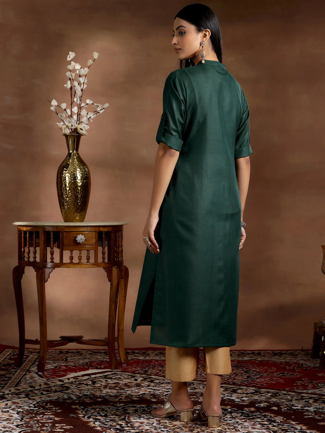  Green Solid Cotton Blend Straight Kurta 