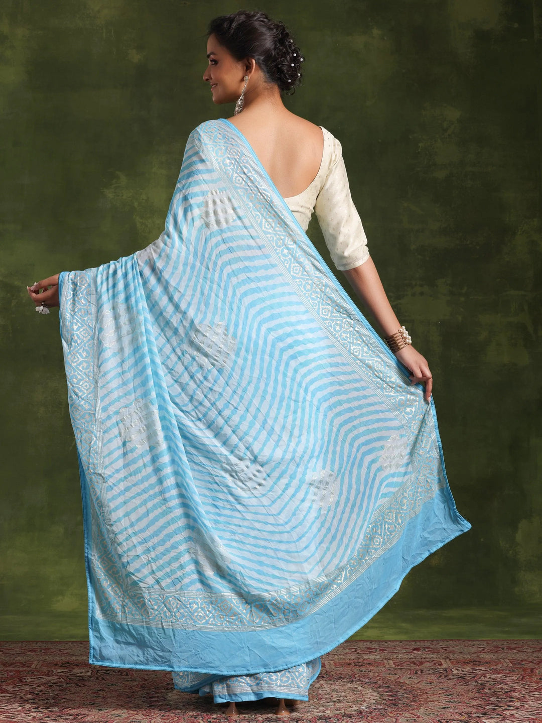 Blue Printed Poly Georgette Saree With Unstitched Blouse Piece - Libas 