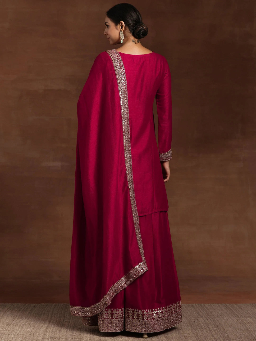 Pink Embroidered Silk Blend Straight Suit With Dupatta - Libas 