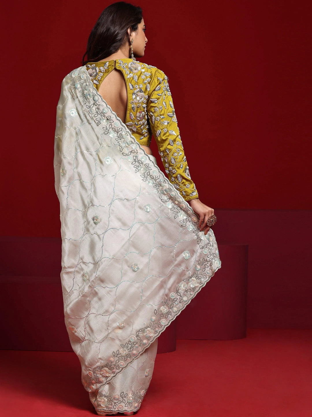 Libas Art Off White Embellished Tissue Saree With Unstitched Blouse Piece - Libas 
