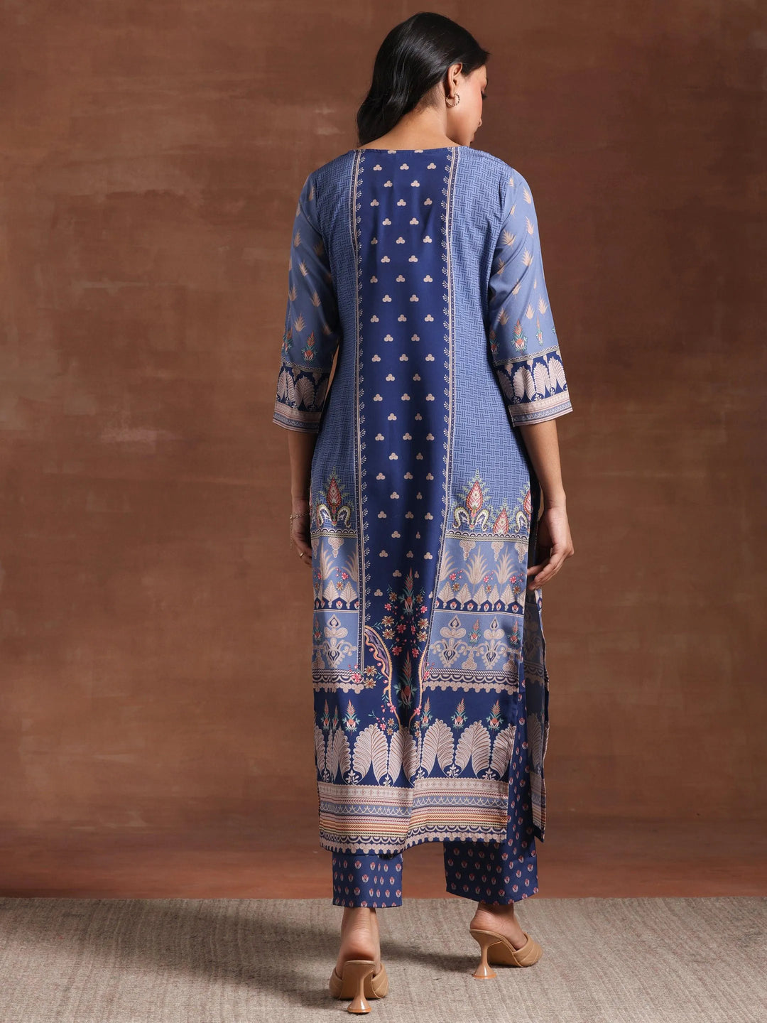 Blue Printed Crepe Straight Kurta Set - Libas