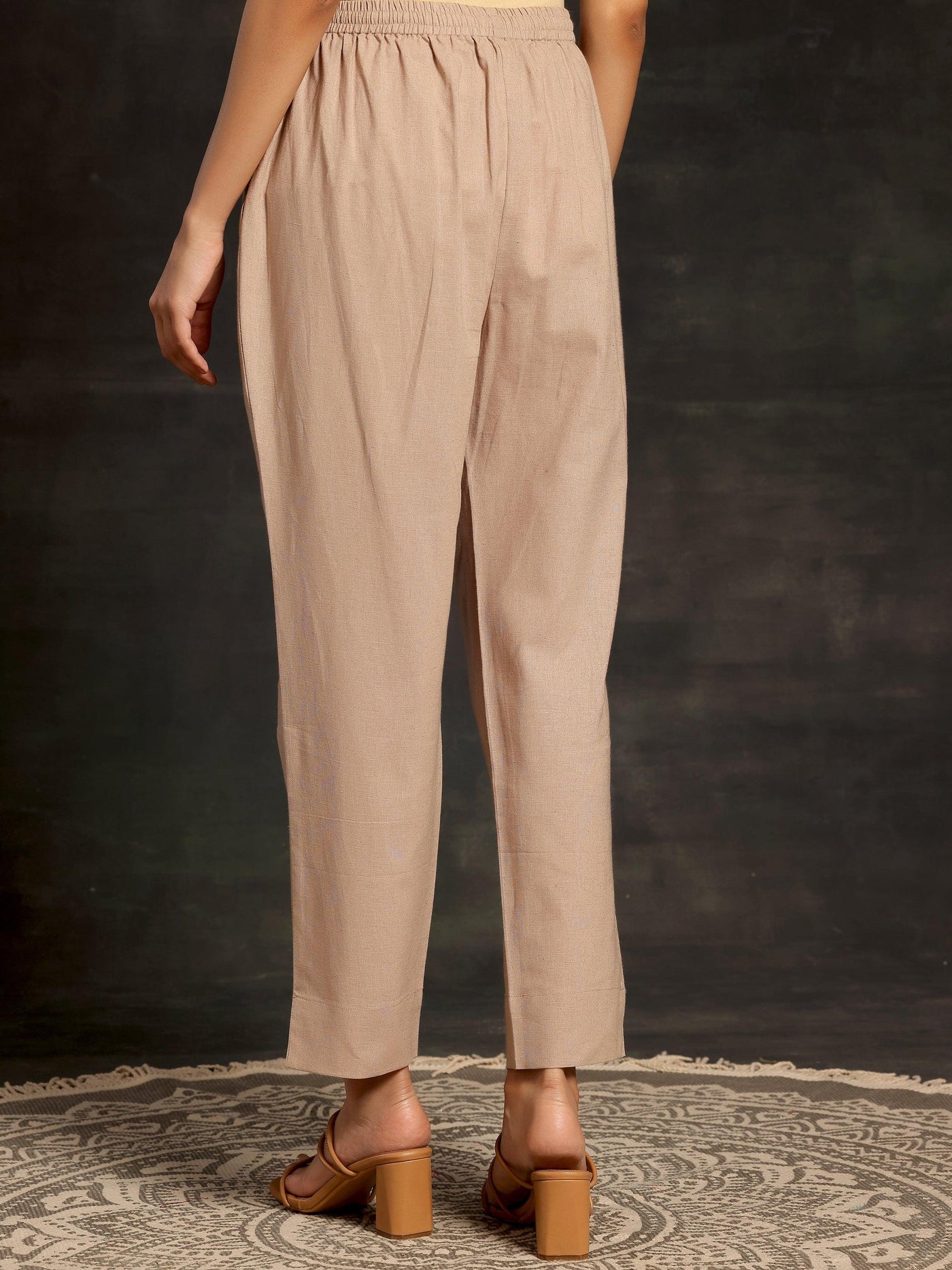 Beige Solid Cotton Straight Fit Trousers - Libas