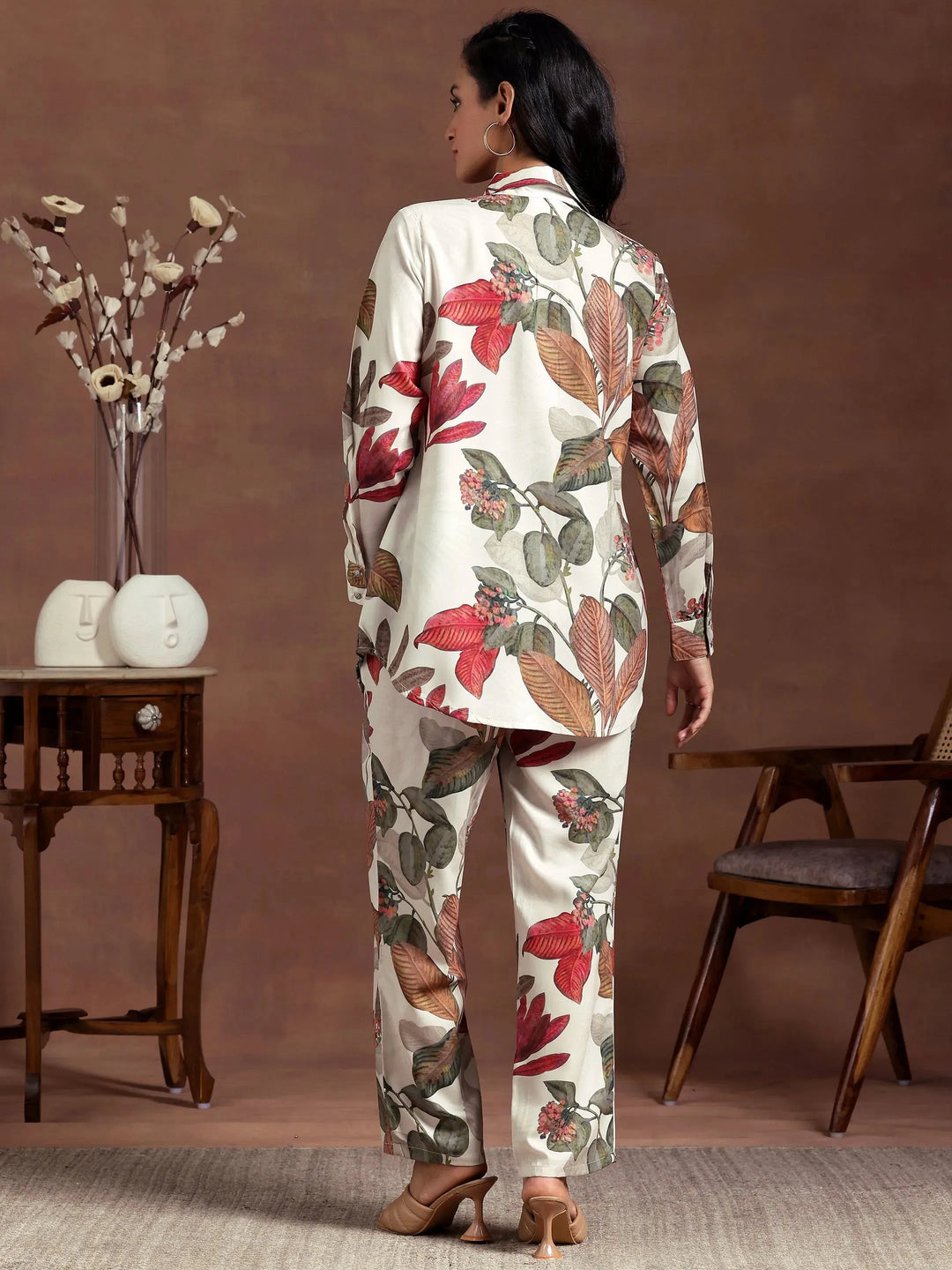  Beige Printed Crepe Co-Ords 
