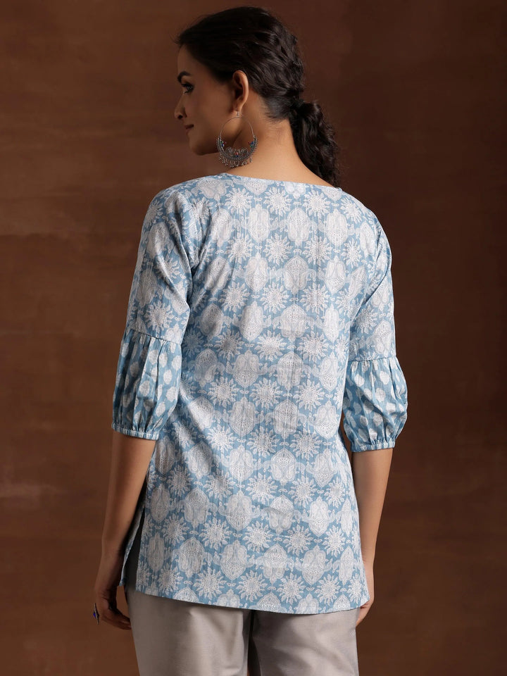 Blue Printed Cotton Straight Kurti - Libas