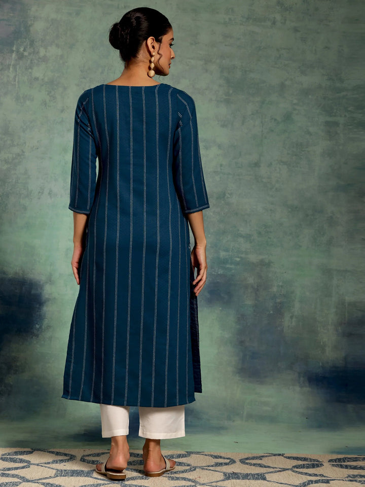 Teal Blue Yoke Design Silk Straight Kurta - Libas