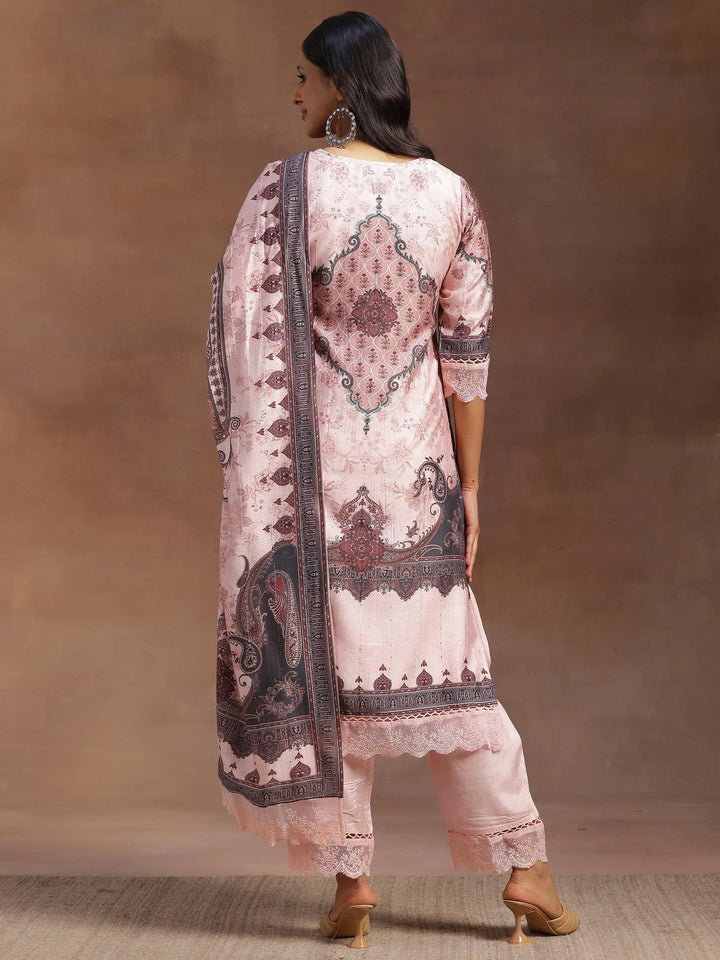 Pink Printed Silk Blend Straight Suit With Dupatta - Libas