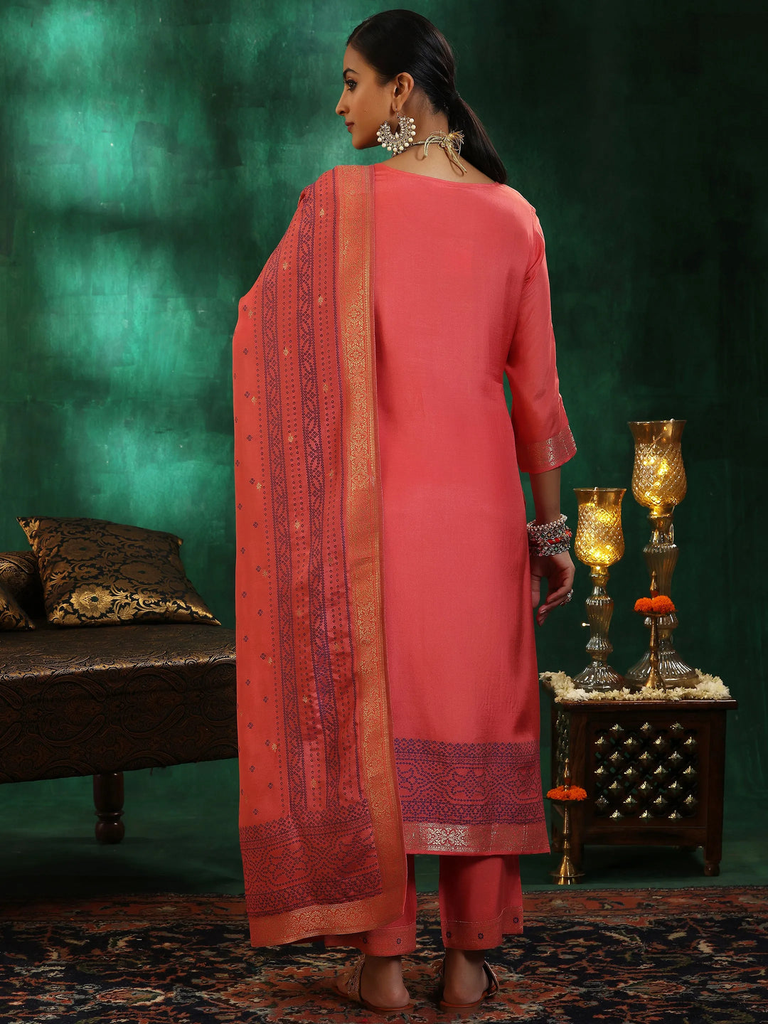  Peach Woven Design Silk Blend Straight Suit With Dupatta 