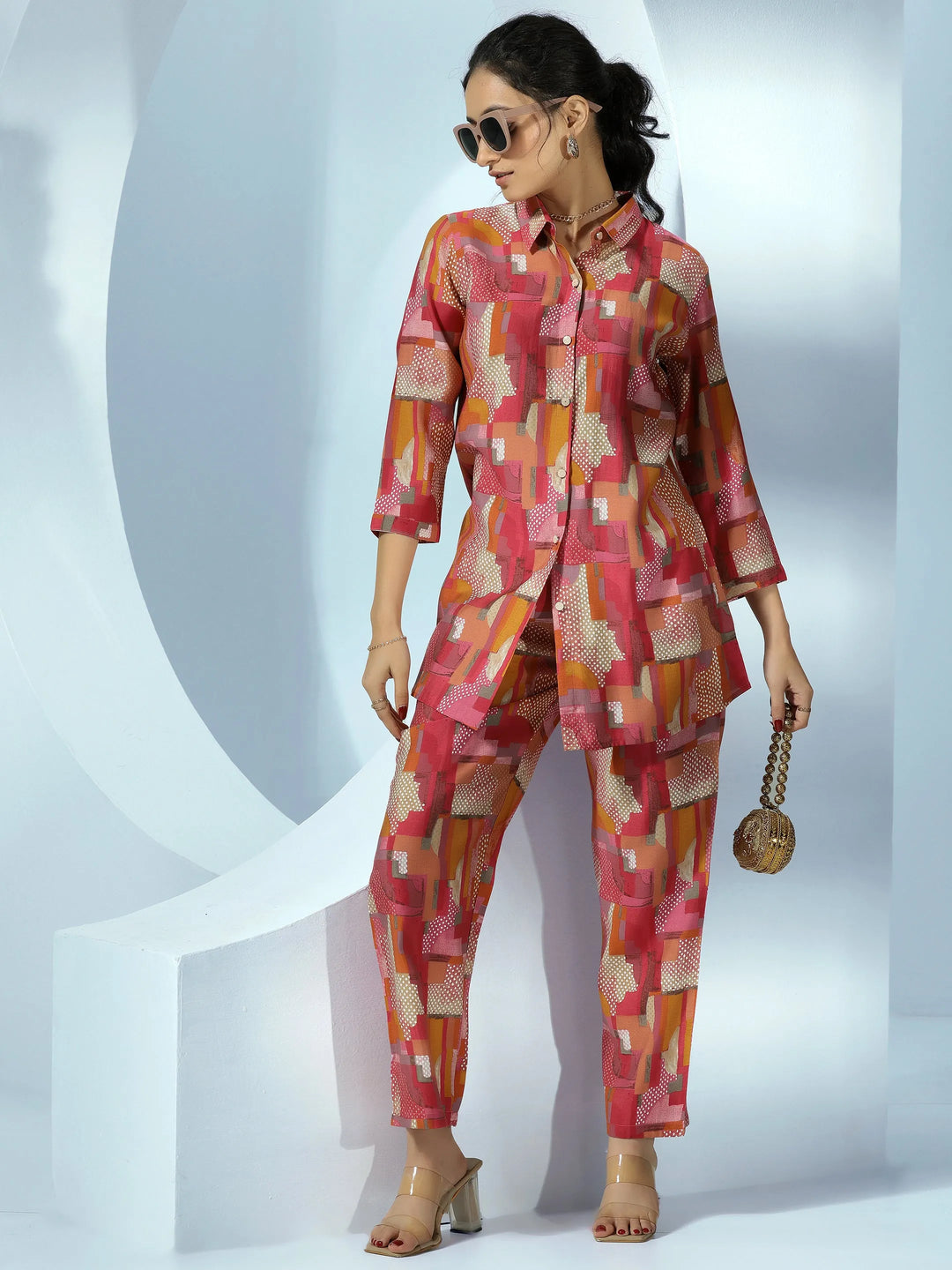  Pink Printed Silk Blend Co-Ords 
