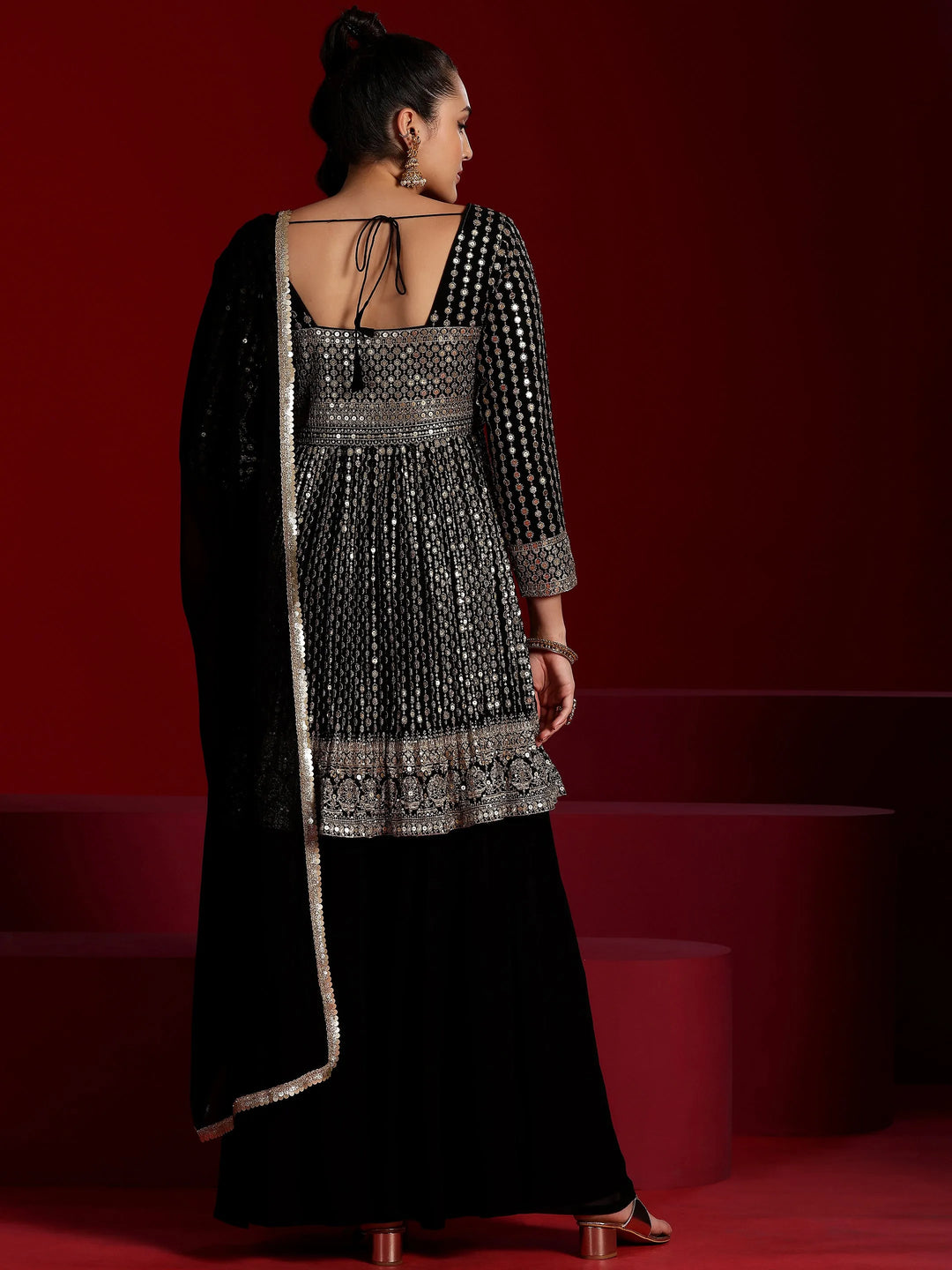  Libas Art Black Embroidered Georgette A-Line Kurta With Palazzos & Dupatta 