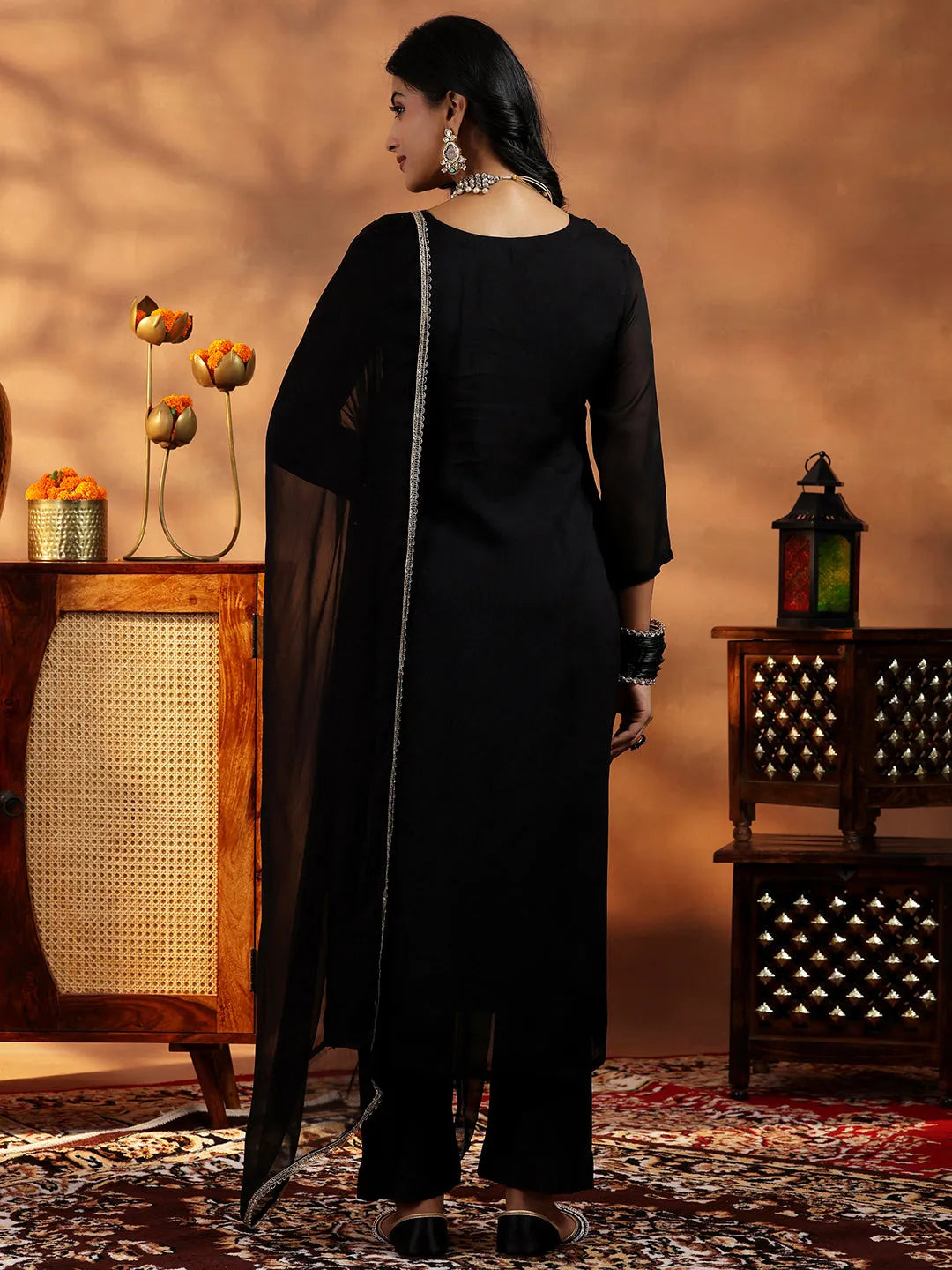  Black Embroidered Organza Straight Suit With Dupatta 