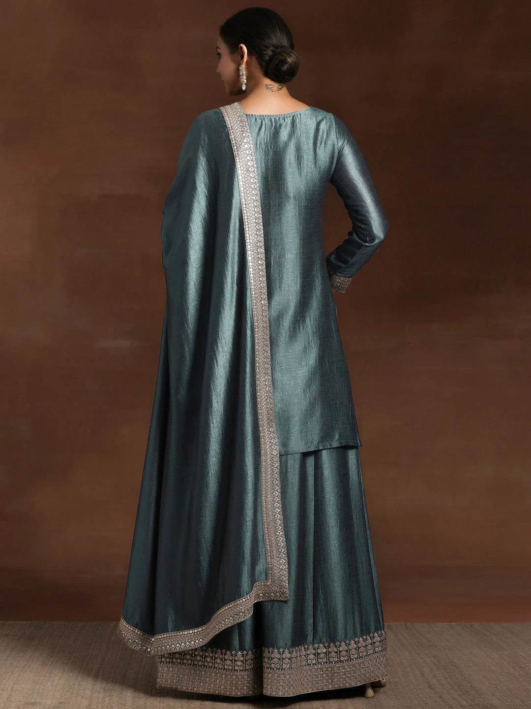  Grey Embroidered Silk Blend Pakistani Suit 