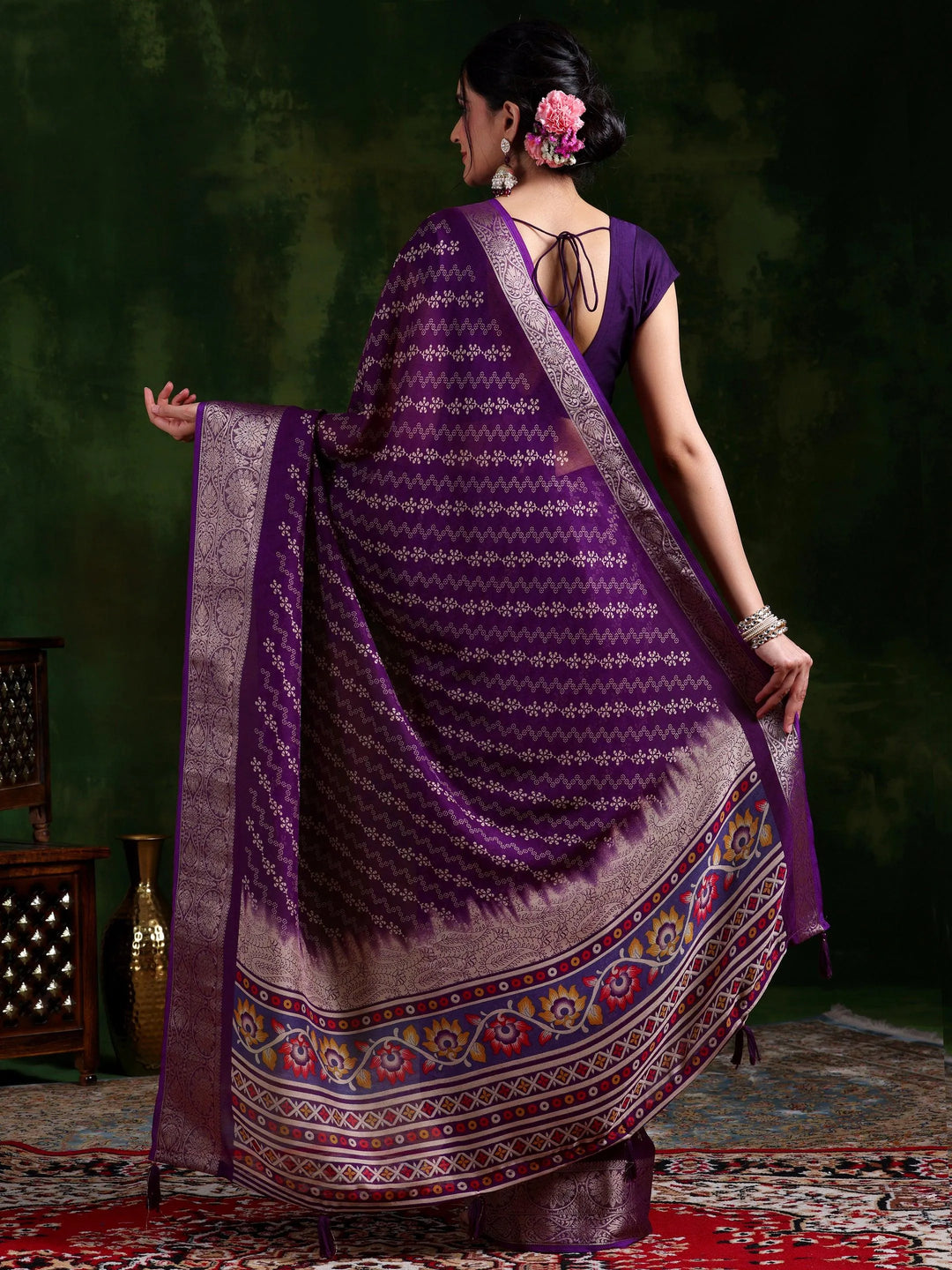 Wine Printed Silk Blend Saree With Unstitched Blouse Piece - Libas 