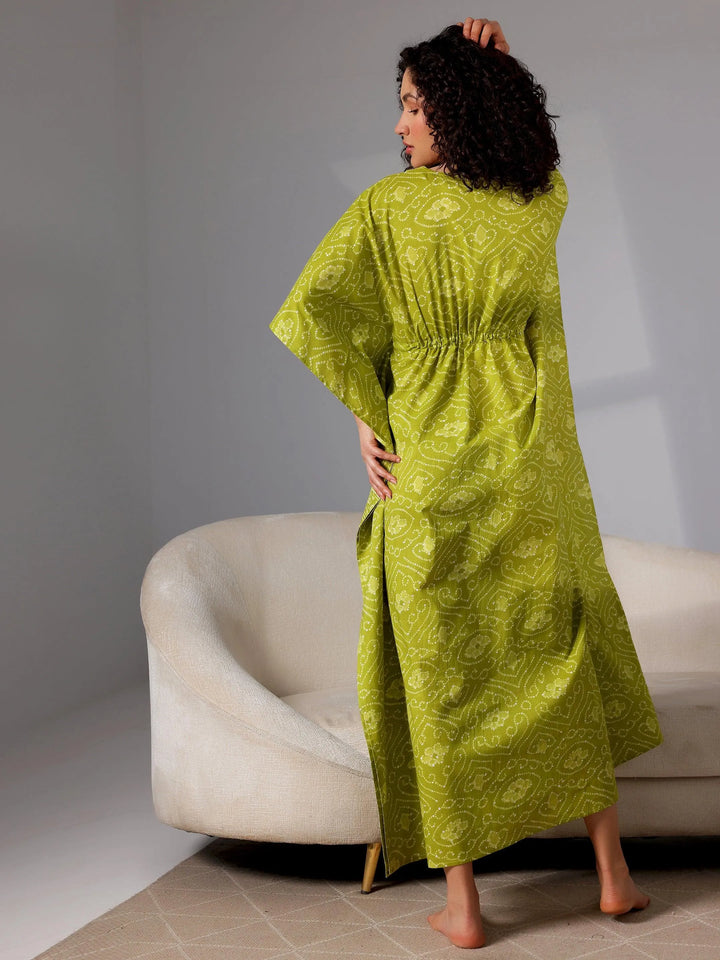 Green Printed Cotton Kaftan Night Dress - Libas