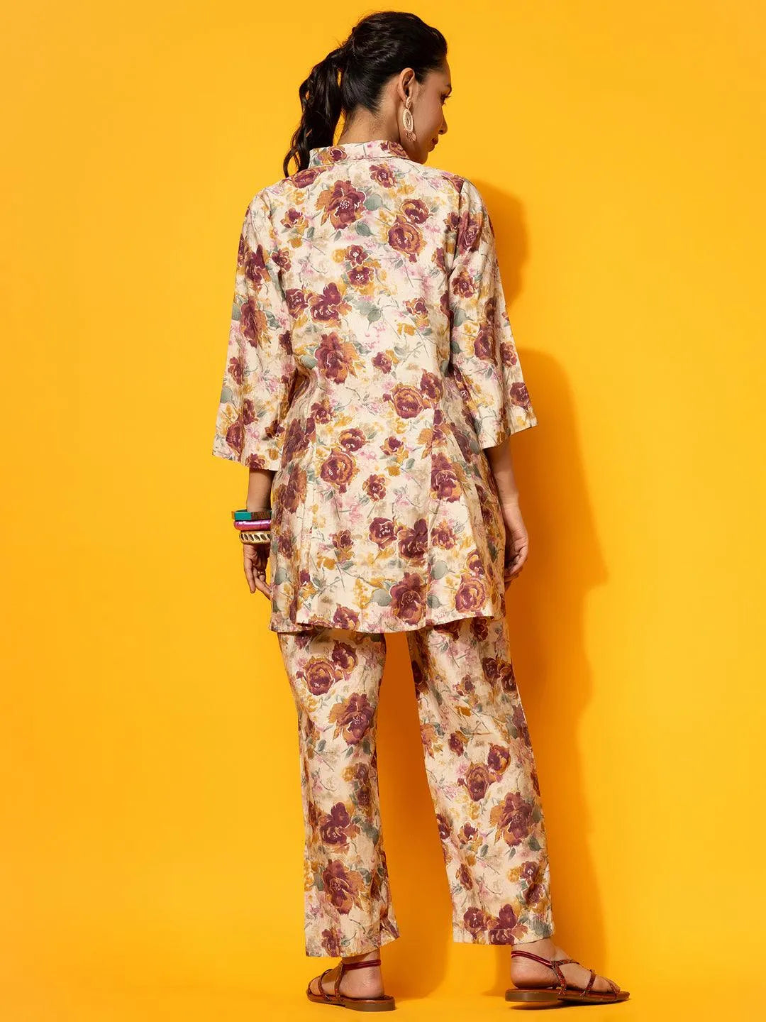 Beige Printed Silk Blend Co-Ords - Libas 