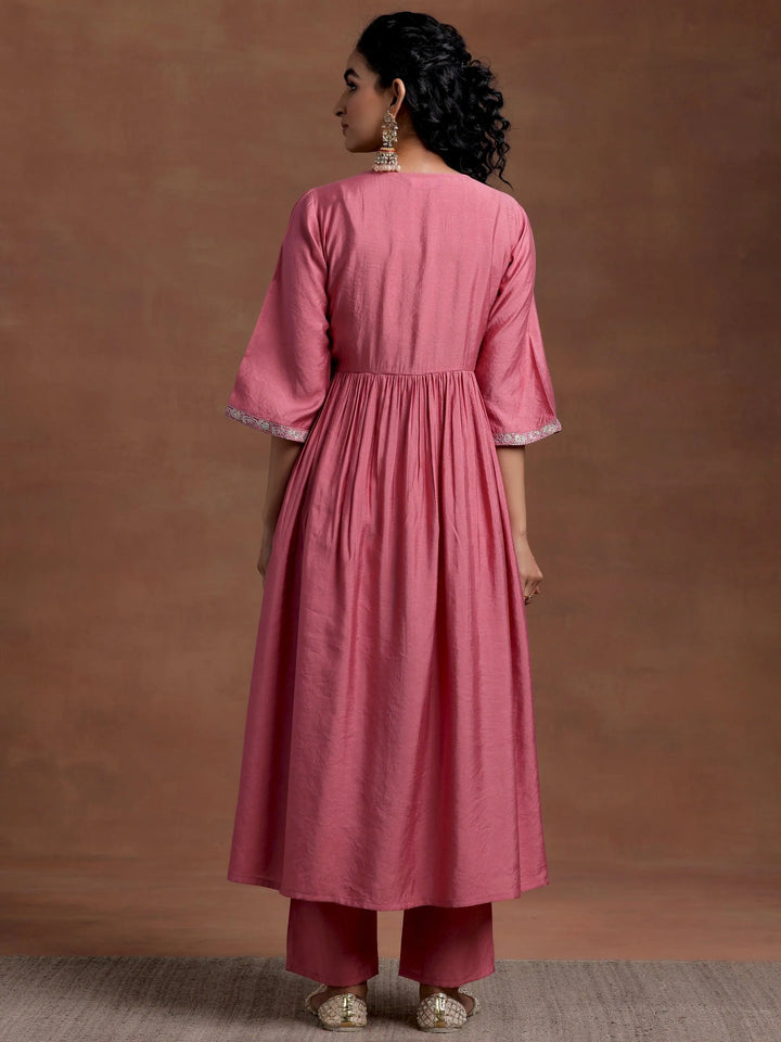 Peach Solid Silk Blend A-Line Kurta With Trousers - Libas