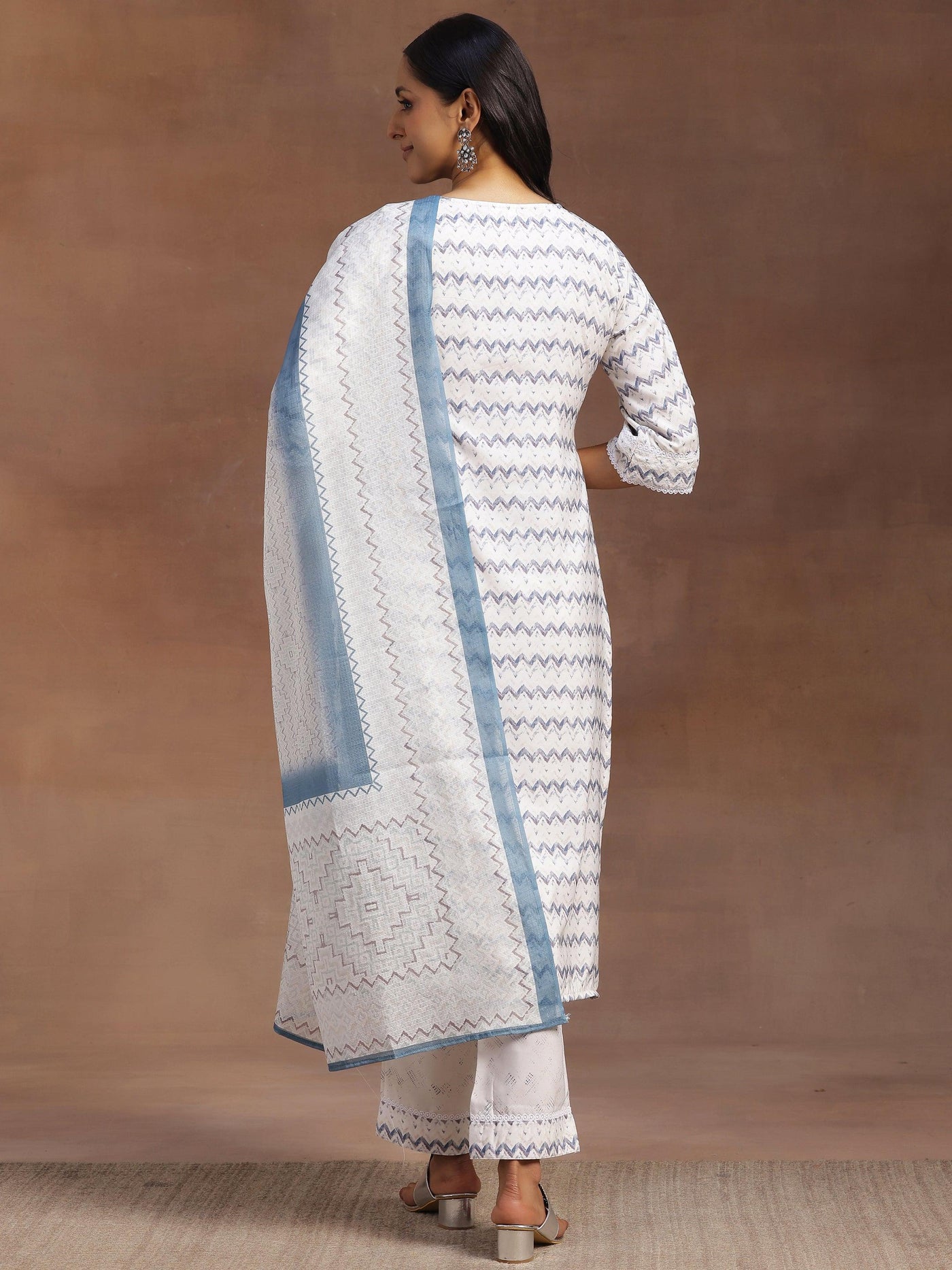 Off White Embroidered Cotton Blend Straight Suit With Dupatta - Libas