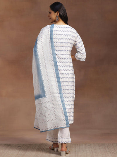 Off White Embroidered Cotton Blend Straight Suit With Dupatta - Libas