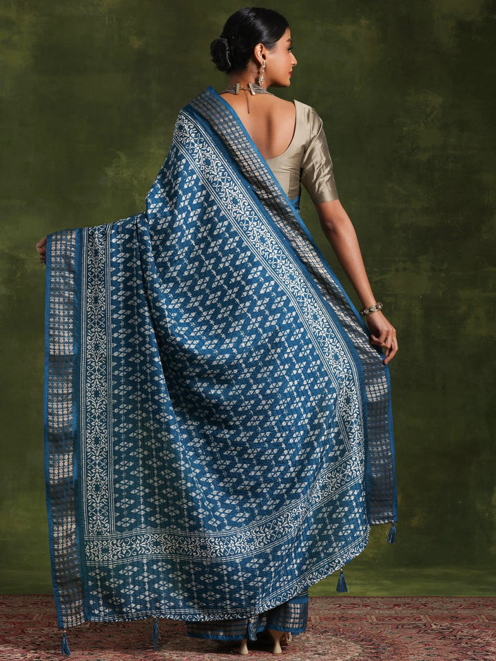 Teal Printed Silk Blend Saree With Unstitched Blouse Piece - Libas