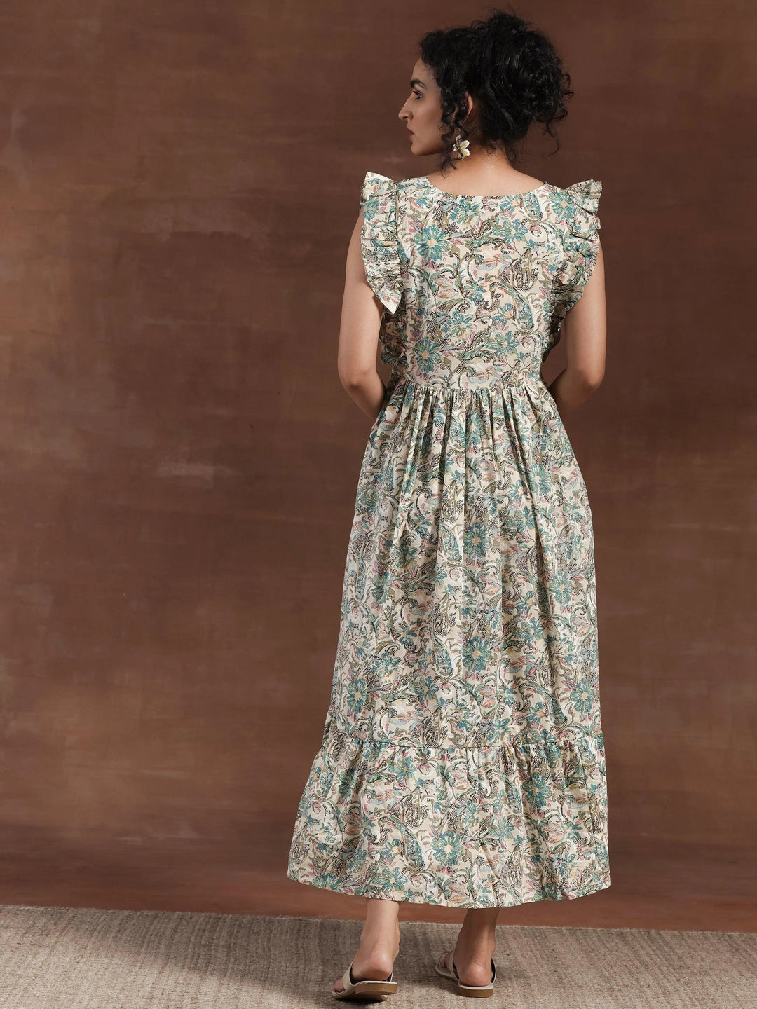 White Printed Cotton Fit and Flare Dress - Libas 