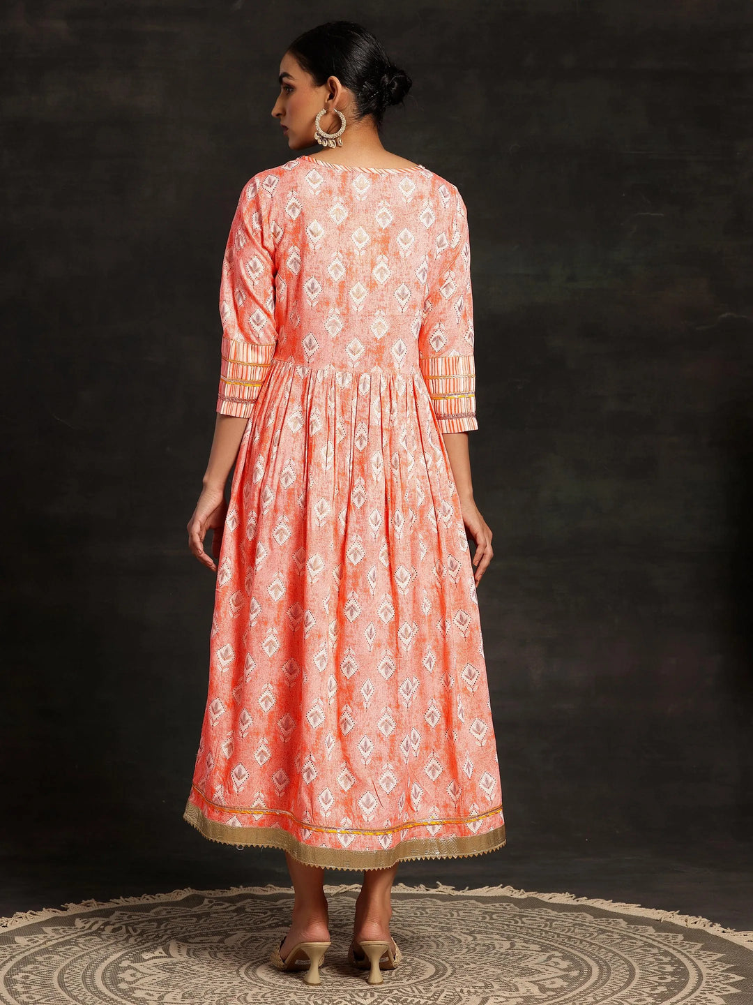 Peach Printed Cotton Fit and Flare Dress - Libas 