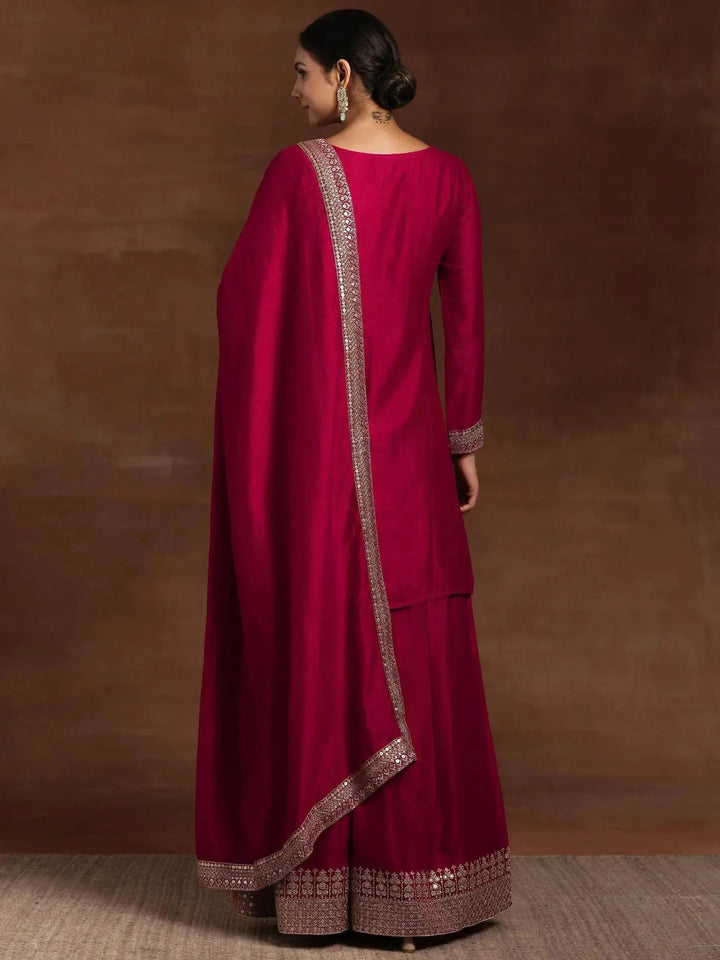 Pink Embroidered Silk Blend Straight Suit With Dupatta - Libas