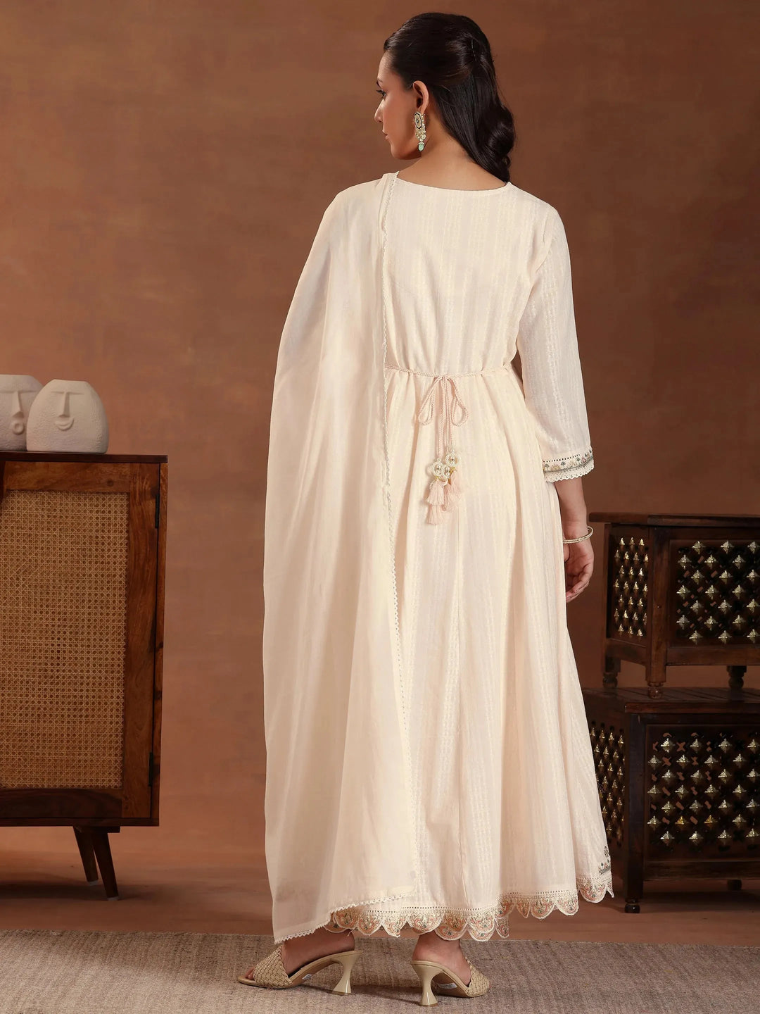  Peach Embroidered Pure Cotton A-line Kurta With Trouers & Dupatta 