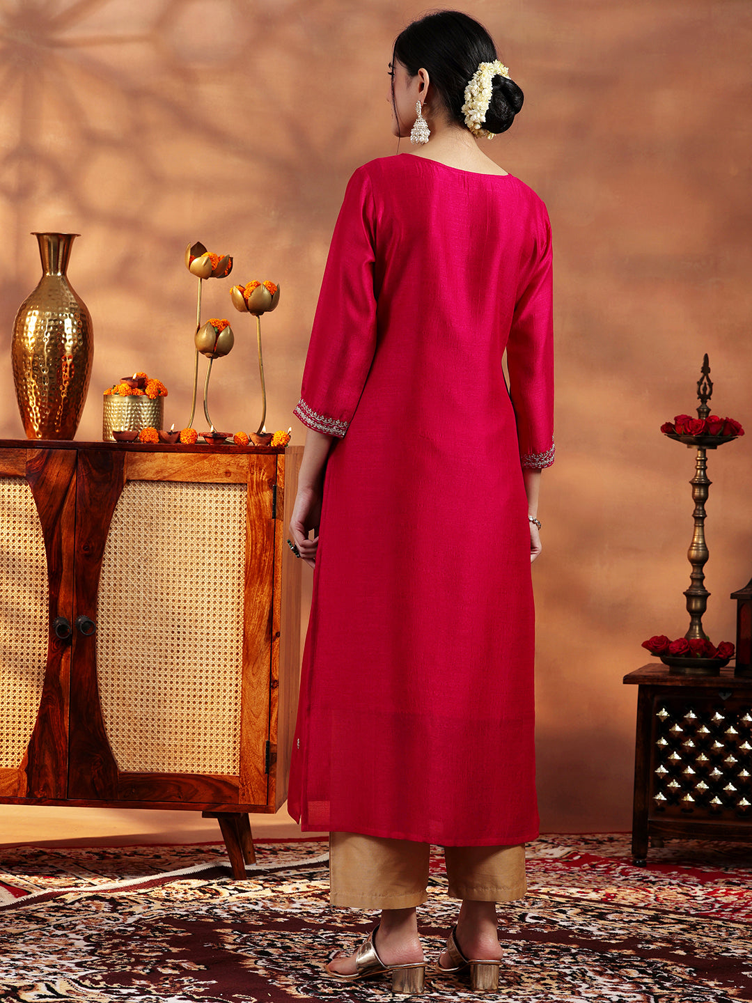  Red Embroidered Silk Straight Kurta 