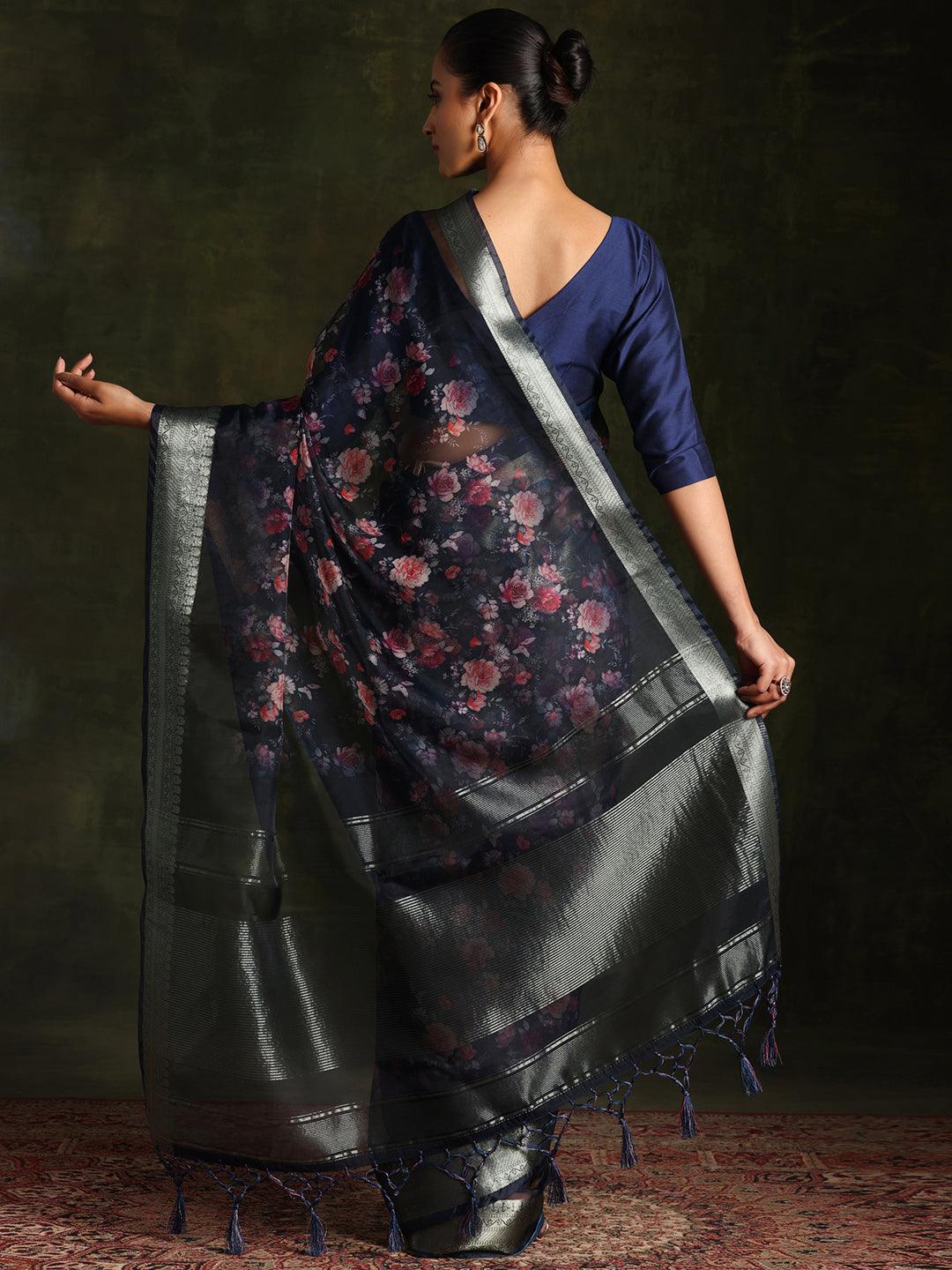 Blue Printed Organza Saree With Unstitched Blouse Piece - Libas