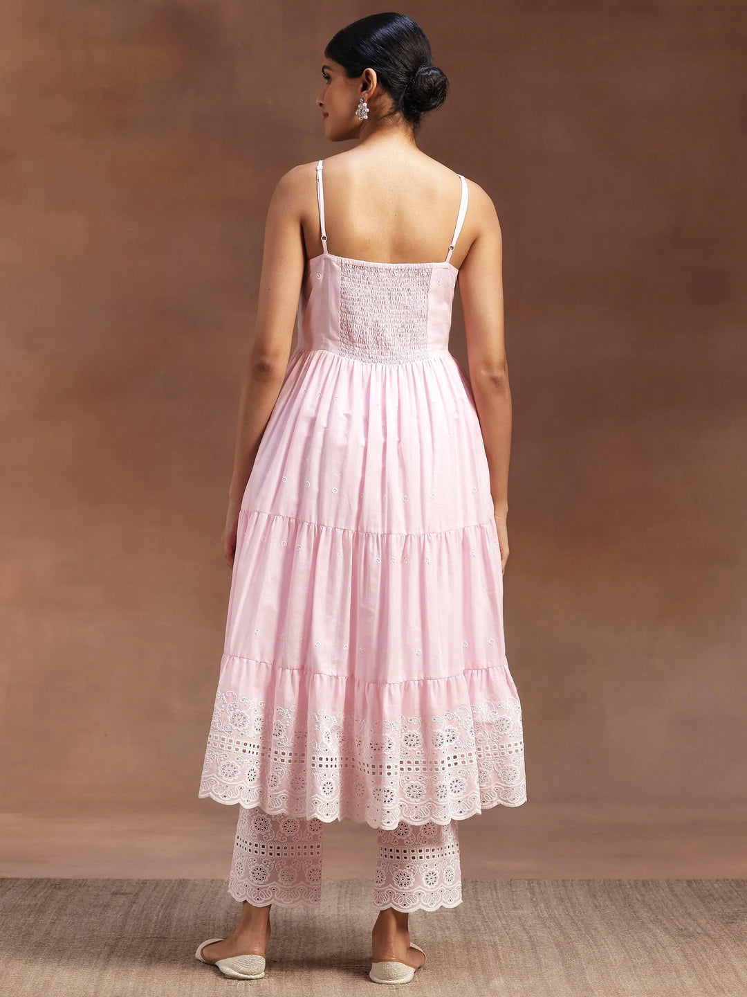 Pink Self Design Cotton Anarkali Kurta With Trousers - Libas 