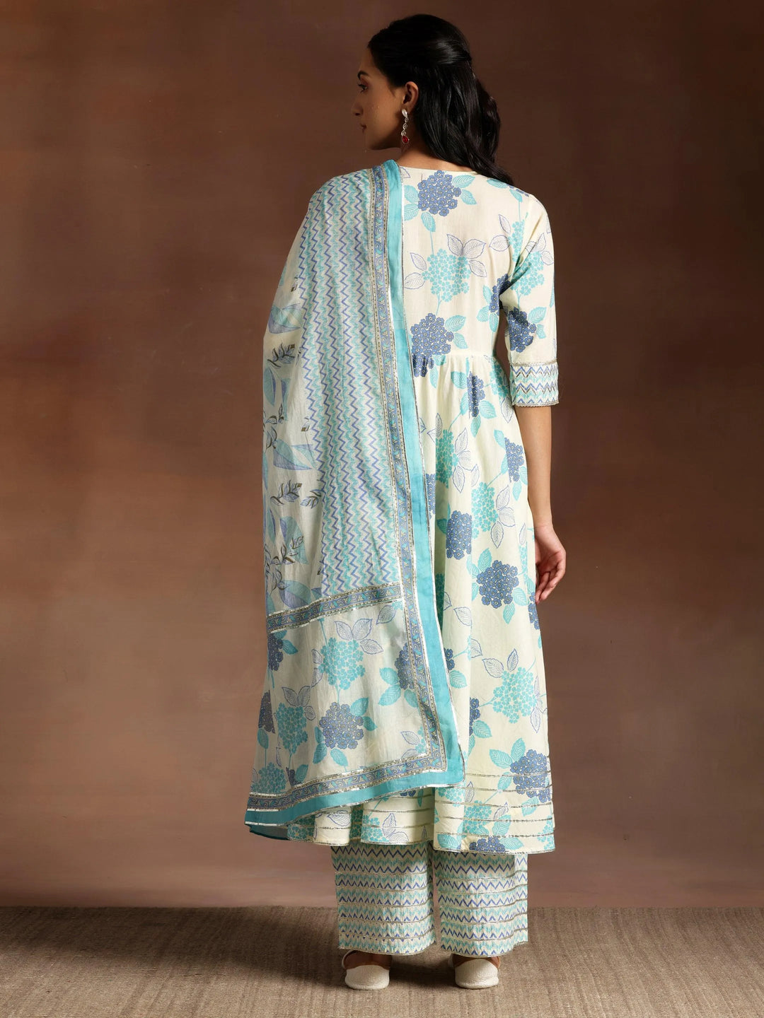 Turquoise Printed Cotton Anarkali Suit With Dupatta - Libas 