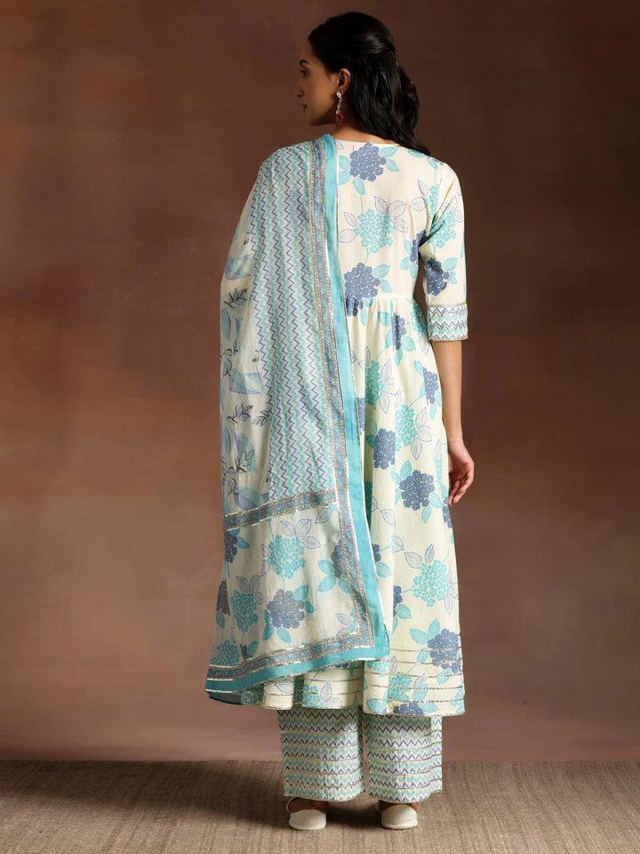 Turquoise Printed Cotton Anarkali Suit With Dupatta - Libas