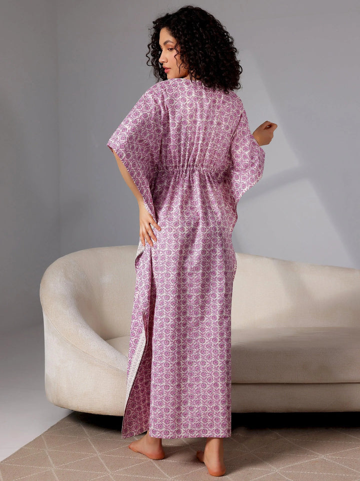 Purple Printed Cotton Kaftan Night Dress - Libas