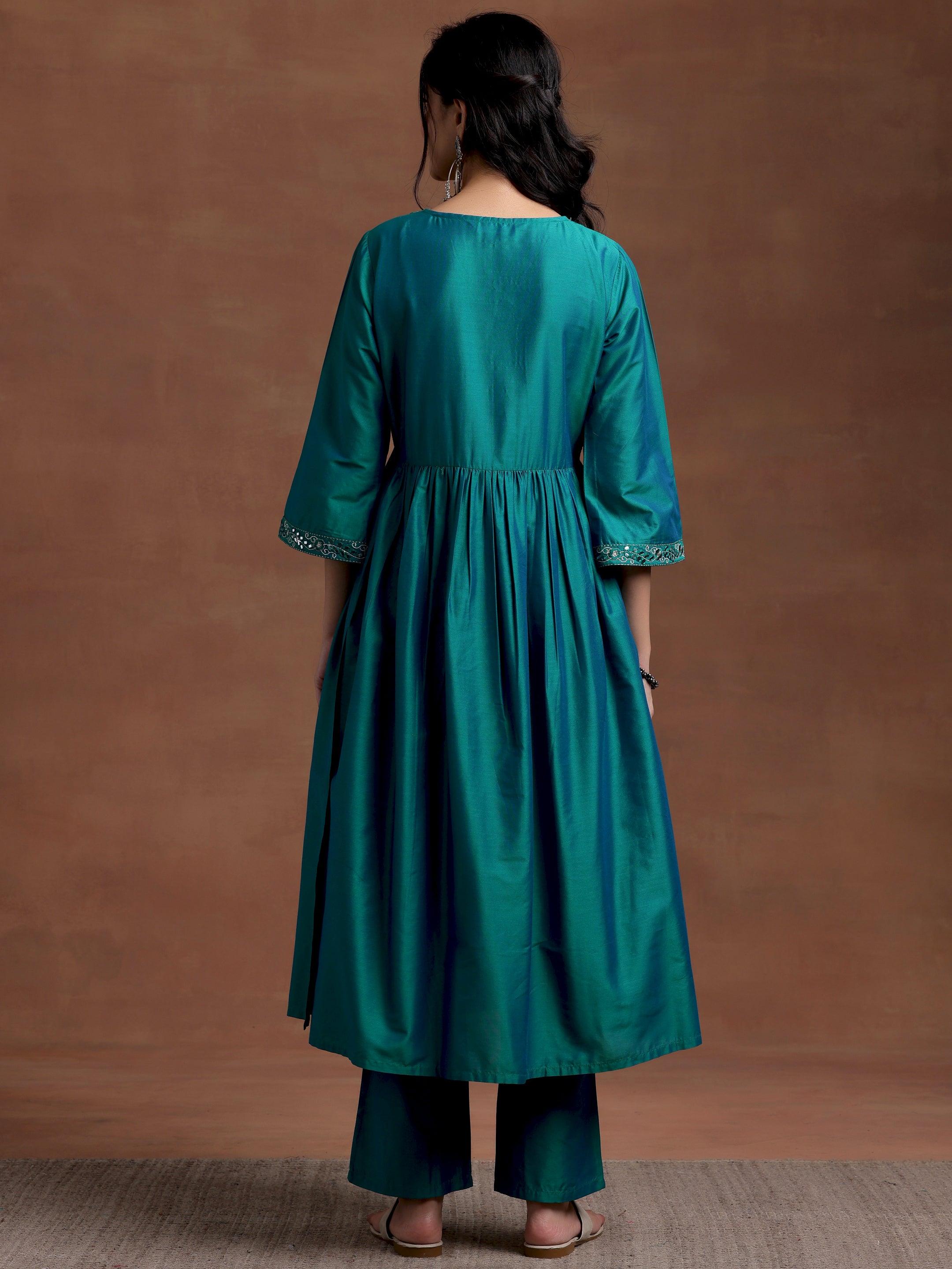 Teal Blue Solid Silk Blend A-Line Kurta With Trousers