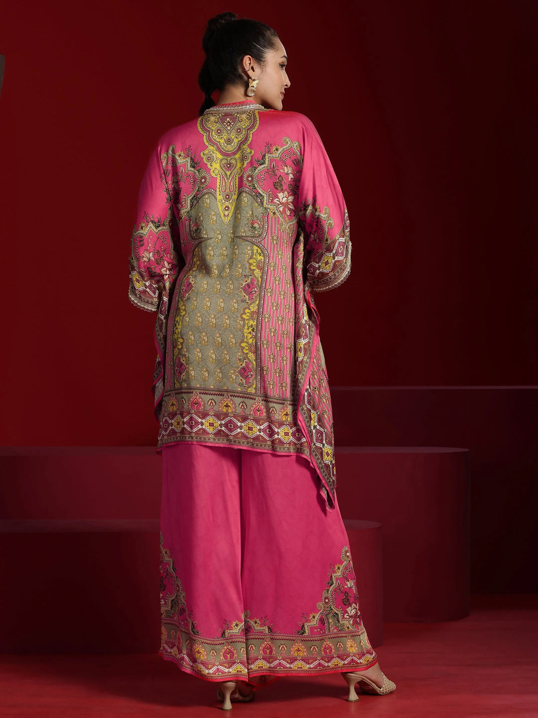  Libas Art Coral Printed Silk Blend Kaftan Kurta With Palazzos 