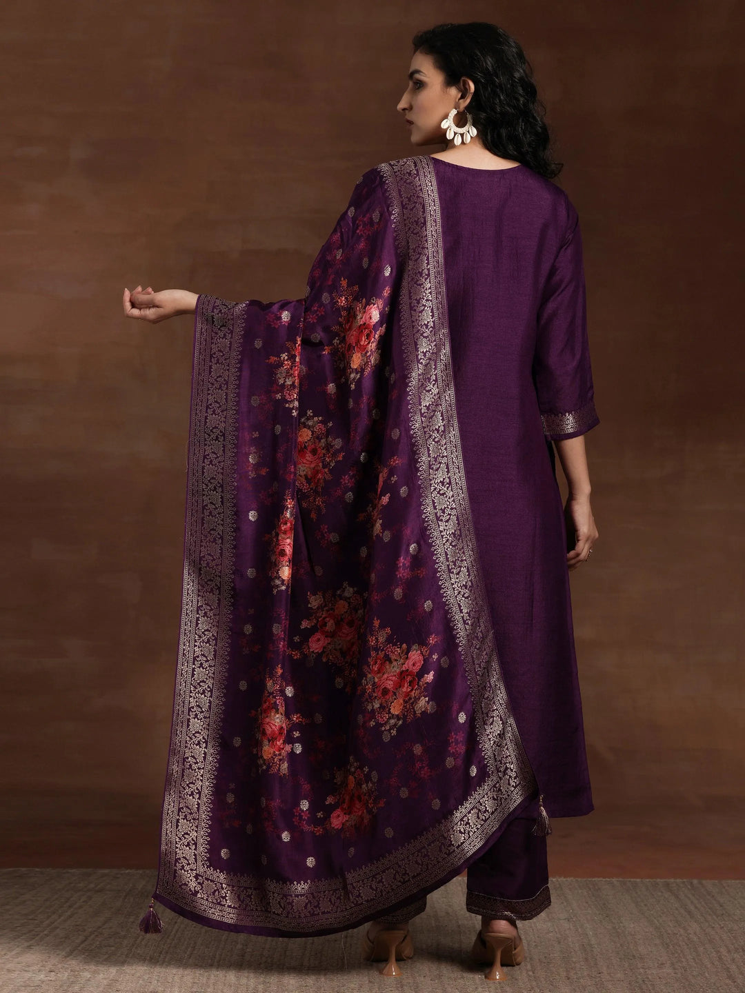 Purple Woven Design Silk Blend Straight Suit With Dupatta - Libas