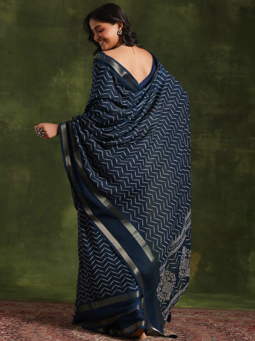Blue Printed Silk Blend Saree With Unstitched Blouse Piece - Libas 