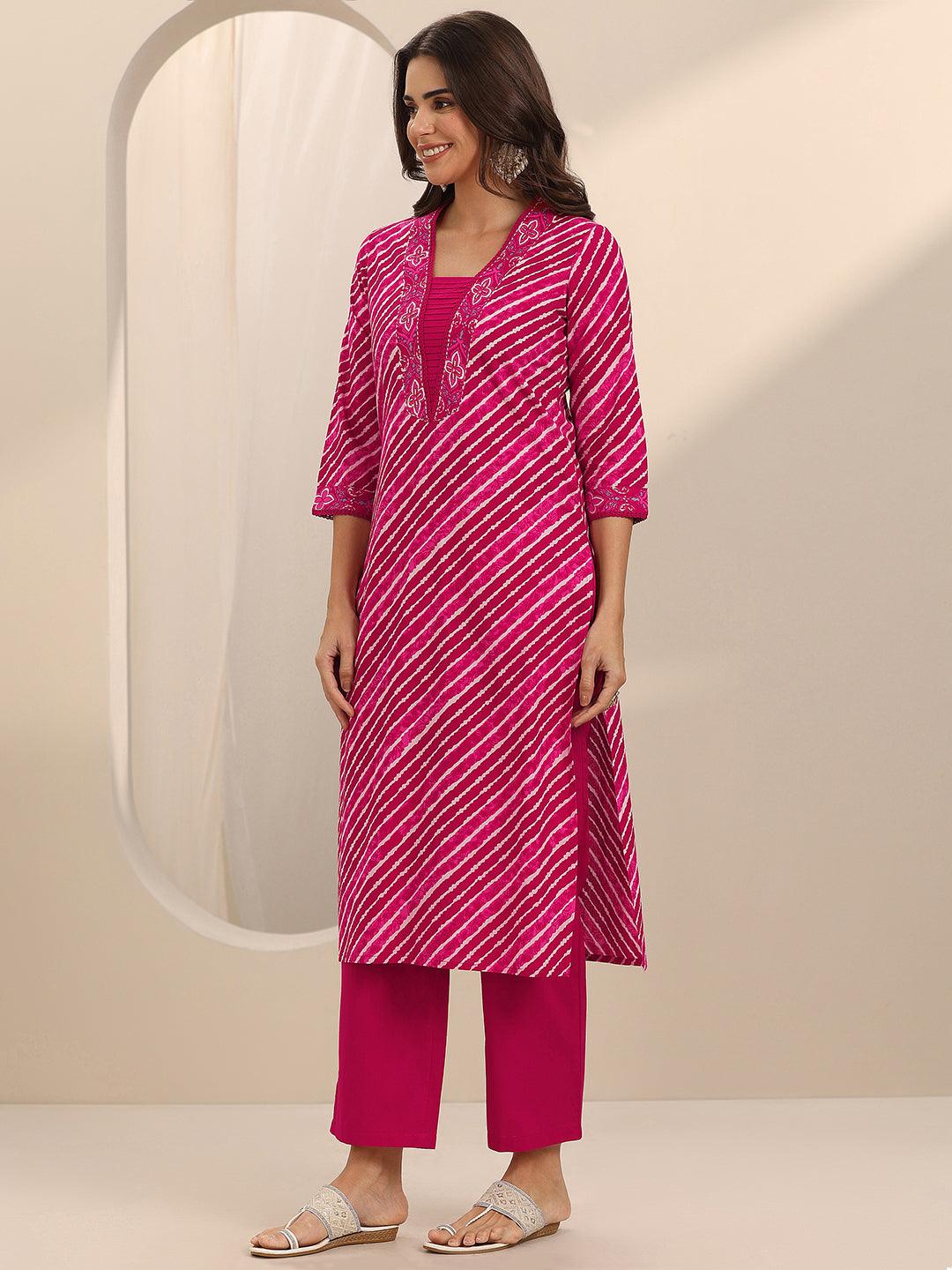  Pink Printed Cotton Straight Suit Set With Dupatta 