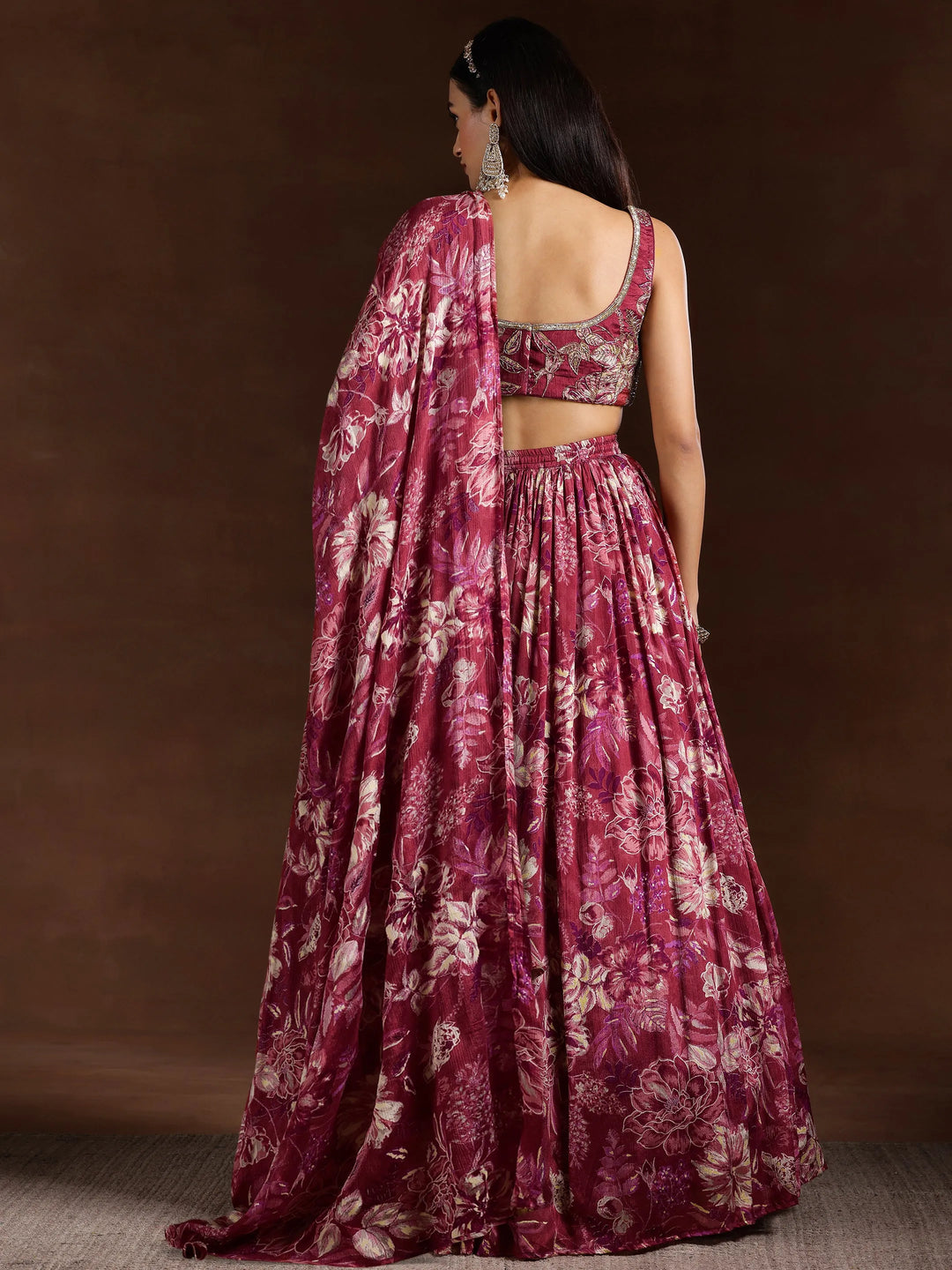  Libas Art Maroon Hand Embroidered Chinon Chiffon Lehenga Set 