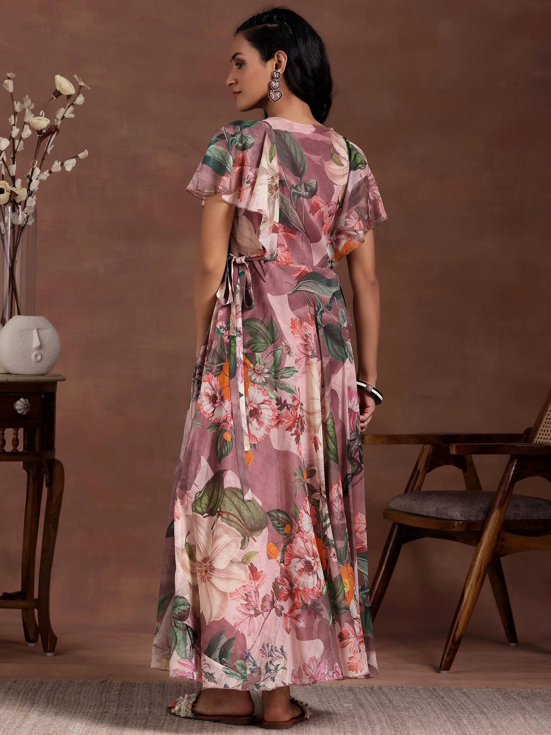 Mauve Printed Chiffon A-Line Dress With Belt - Libas 