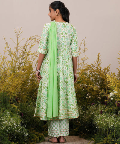 Green Yoke Design Cotton Anarkali Suit With Dupatta - Libas