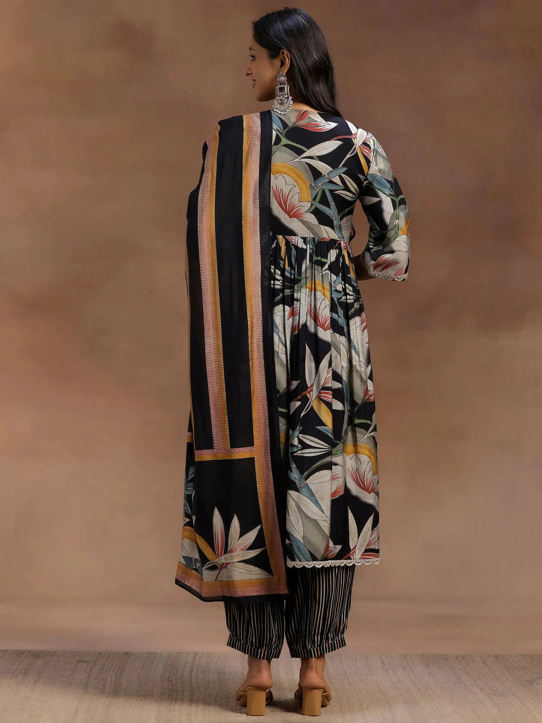  Black Printed Silk Blend A-Line Kurta With Salwar & Dupatta 
